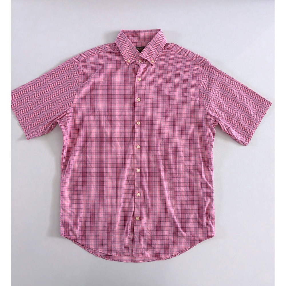Peter Millar Summer Comfort Pink Plaid Short Sleeve Button Down Shirt Mens L